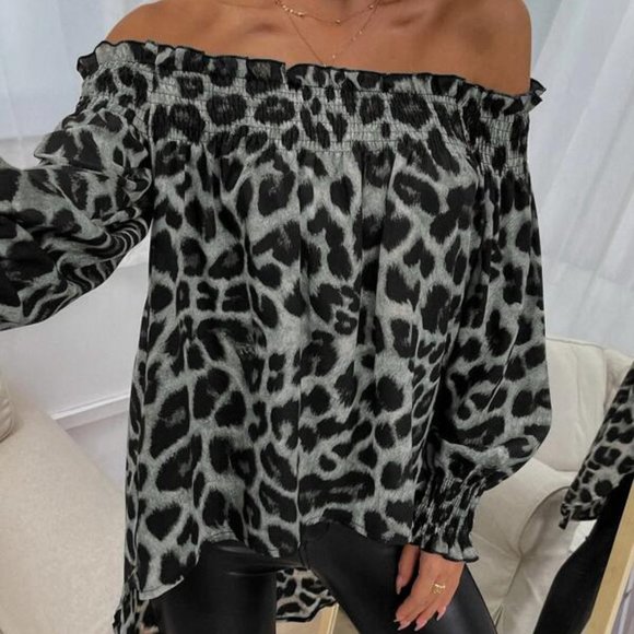 MODERN gray leopard print off shoulder high low bl - Picture 3 of 5